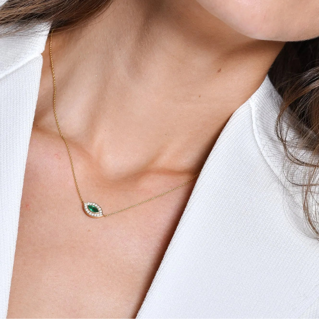 14k Solid Gold Marquise Emerald 0.18 CTW and Round Diamond 0.13 CTW Halo Pendant Necklace