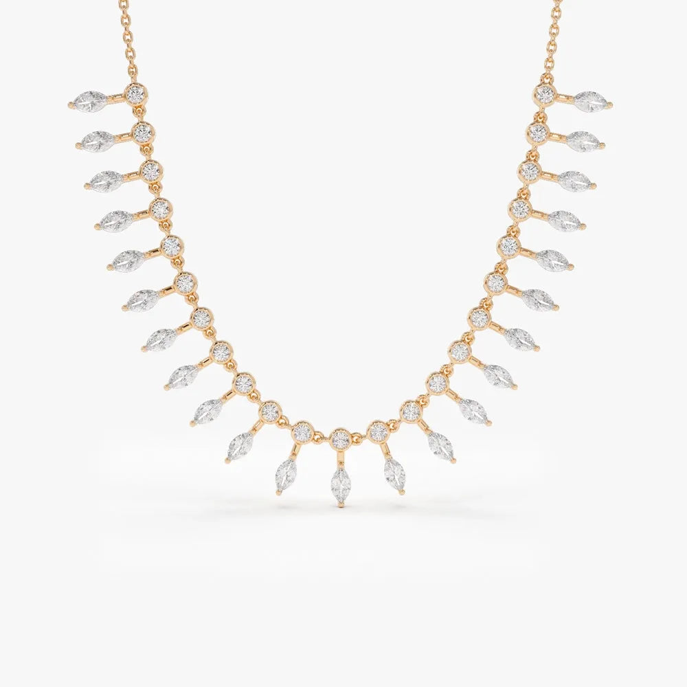 14K Solid Gold Baguette and Round Diamond Statement Necklace Prong and Bezel Set 1.96ctw