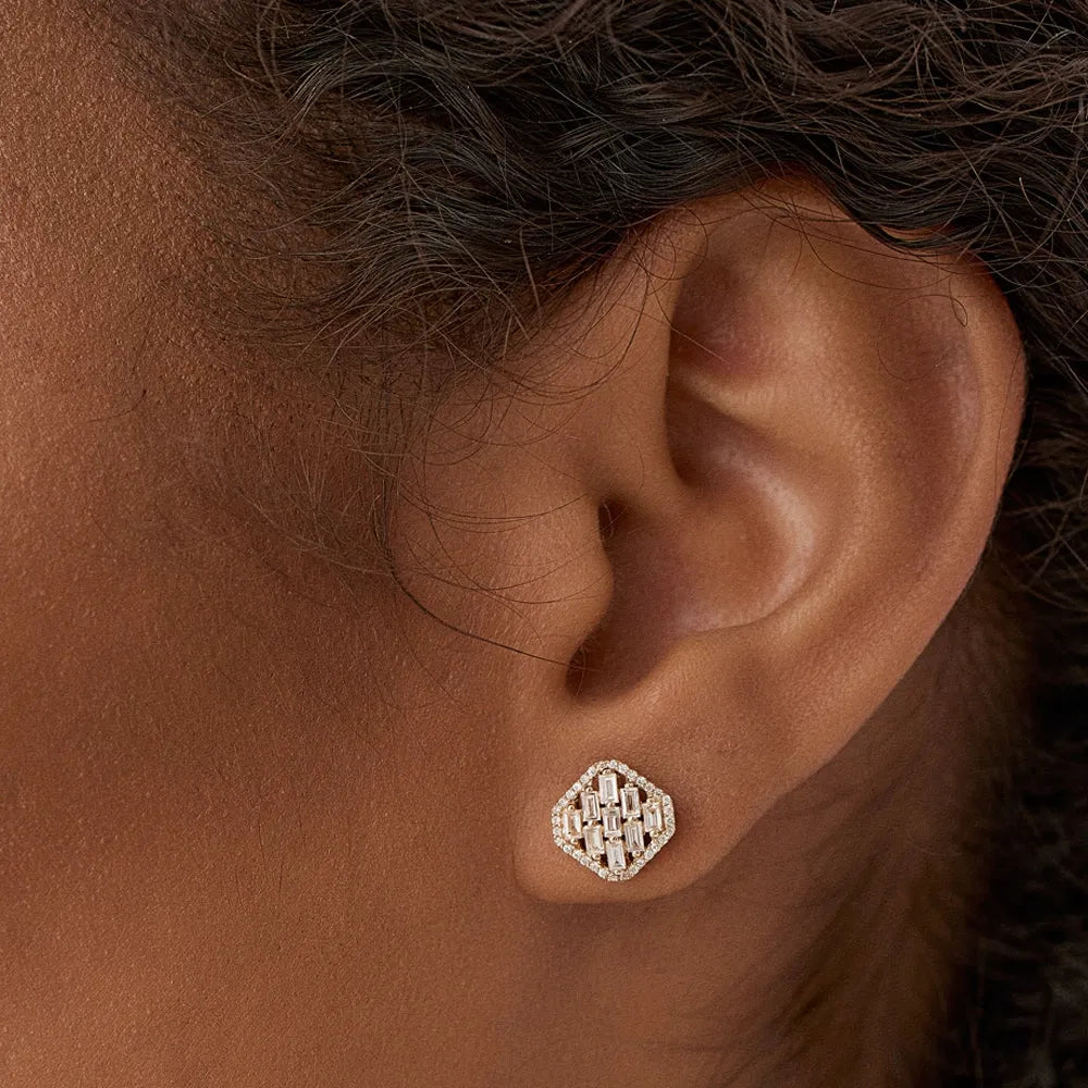 14k Gold Diamond Baguette and Round Cut Halo Stud Earrings Prong Setting 0.63 ctw