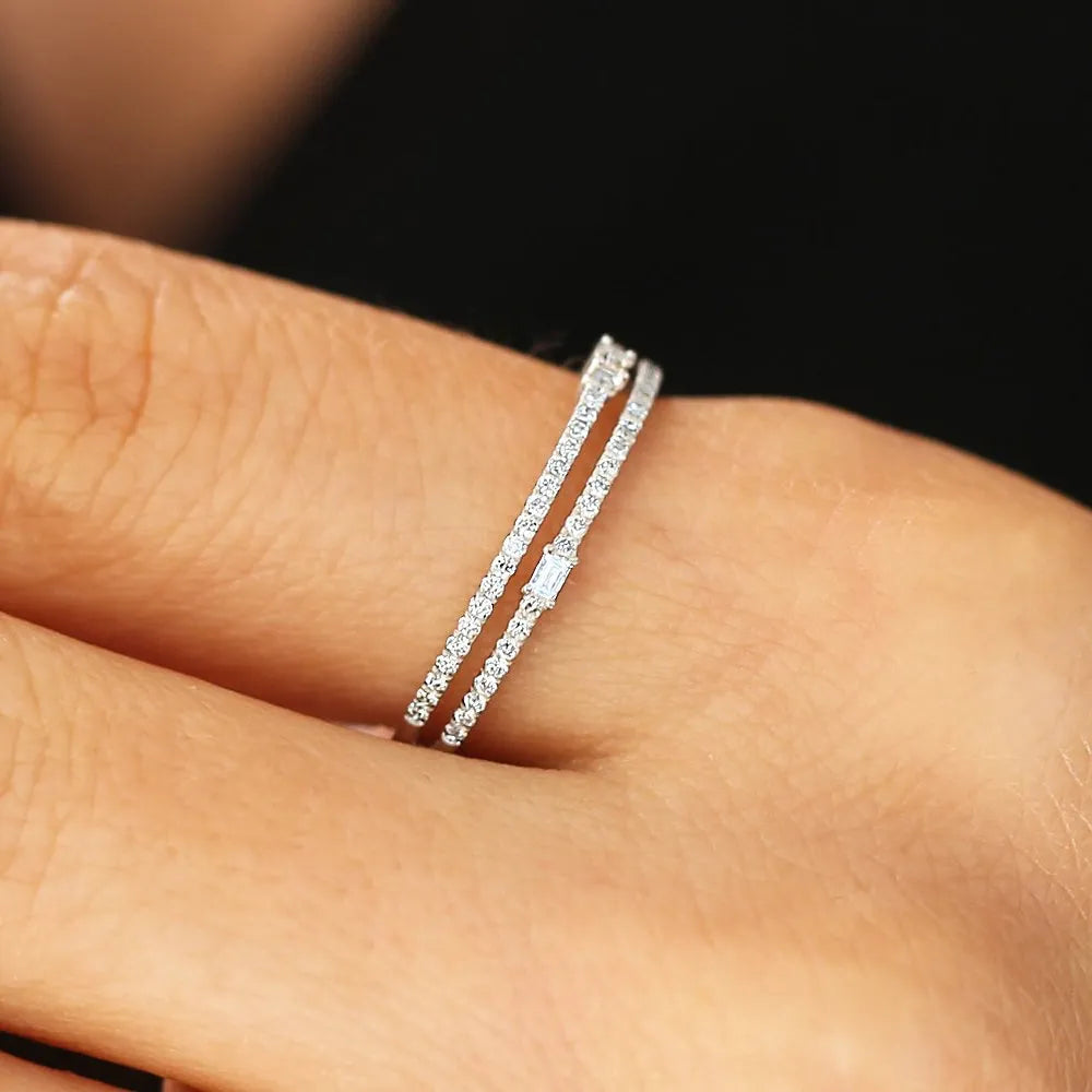 14k Gold Baguette and Round Diamond 0.29 CTW Double Row Micro Pave Statement Ring