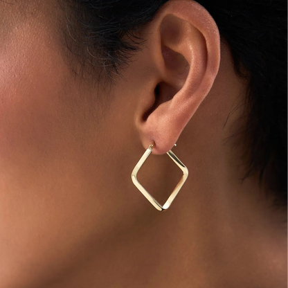 14k Yellow Gold Geometric Square Hoop Earrings 27mm Outer Diameter 2.5mm Width