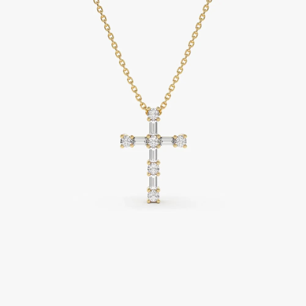 14K Solid Gold Baguette and Round Diamond Pendant Necklace 0.40ctw