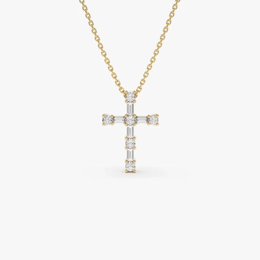 14K Solid Gold Baguette and Round Diamond Pendant Necklace 0.40ctw