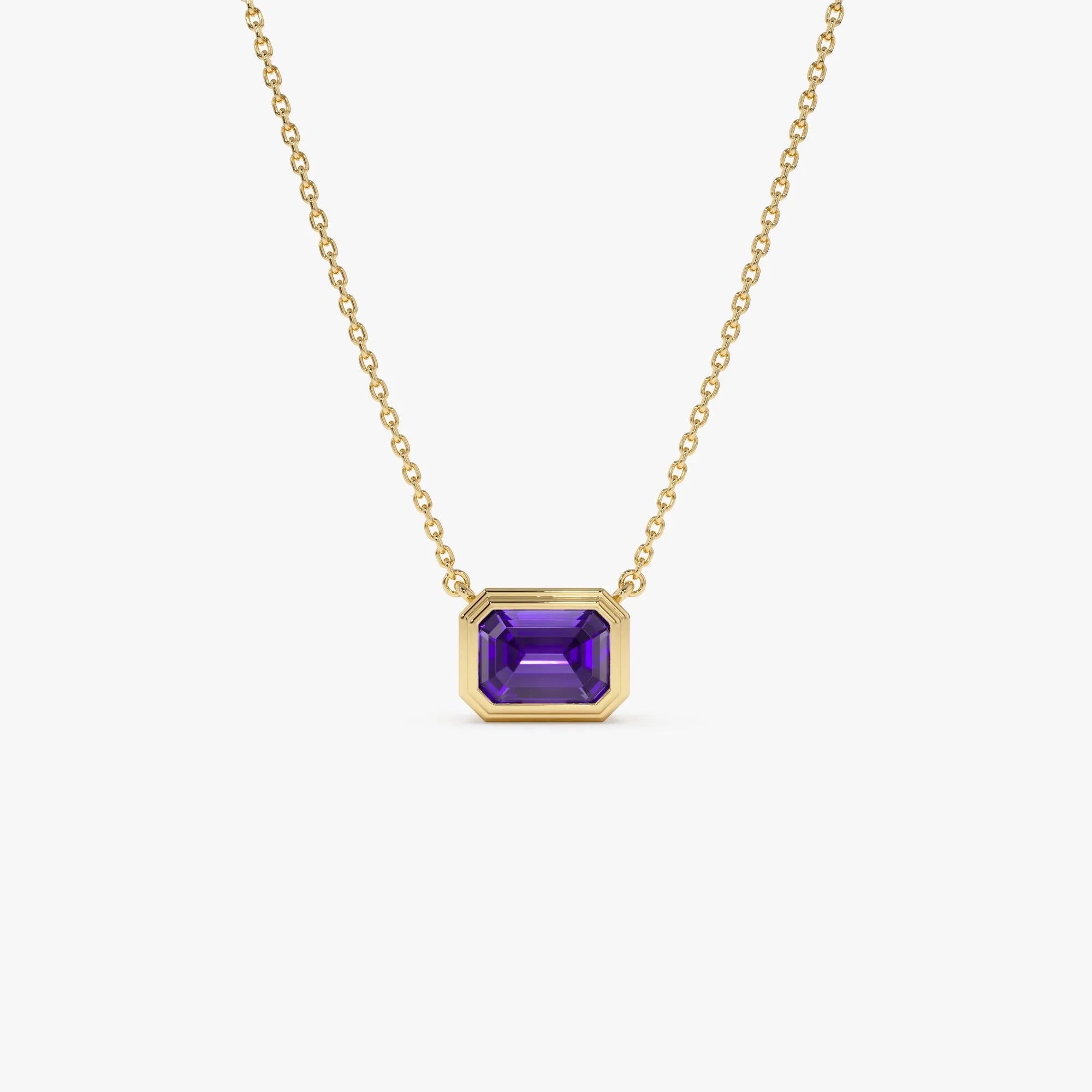14k Solid Gold Amethyst Emerald Cut Necklace 0.95 Carat Bezel Setting