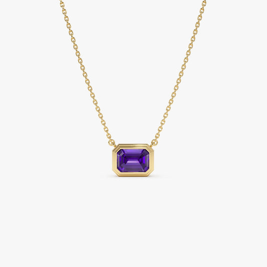 14k Solid Gold Amethyst Emerald Cut Necklace 0.95 Carat Bezel Setting