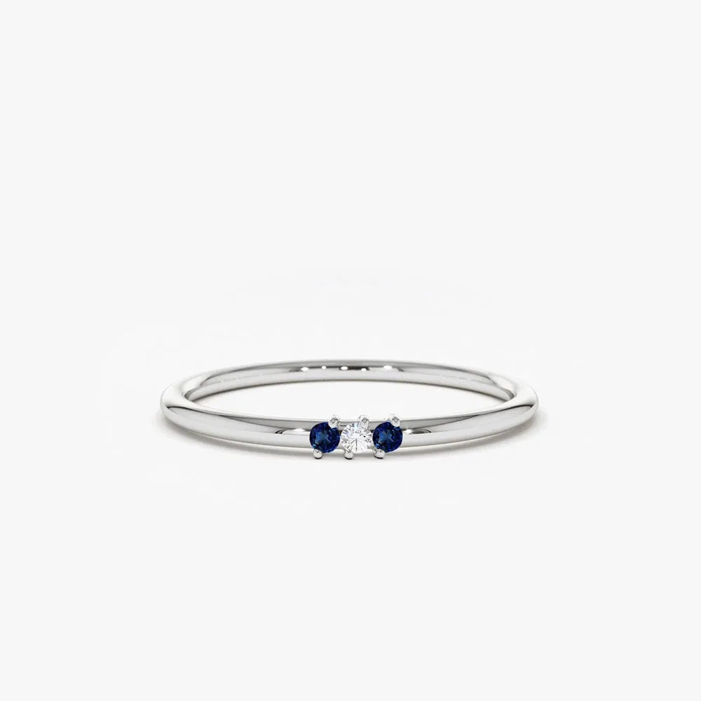 14k Gold Sapphire and Diamond Round Cut Minimal Three Stone Ring 0.06 ctw