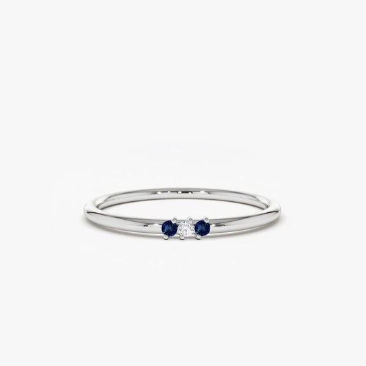 14k Gold Sapphire and Diamond Round Cut Minimal Three Stone Ring 0.06 ctw