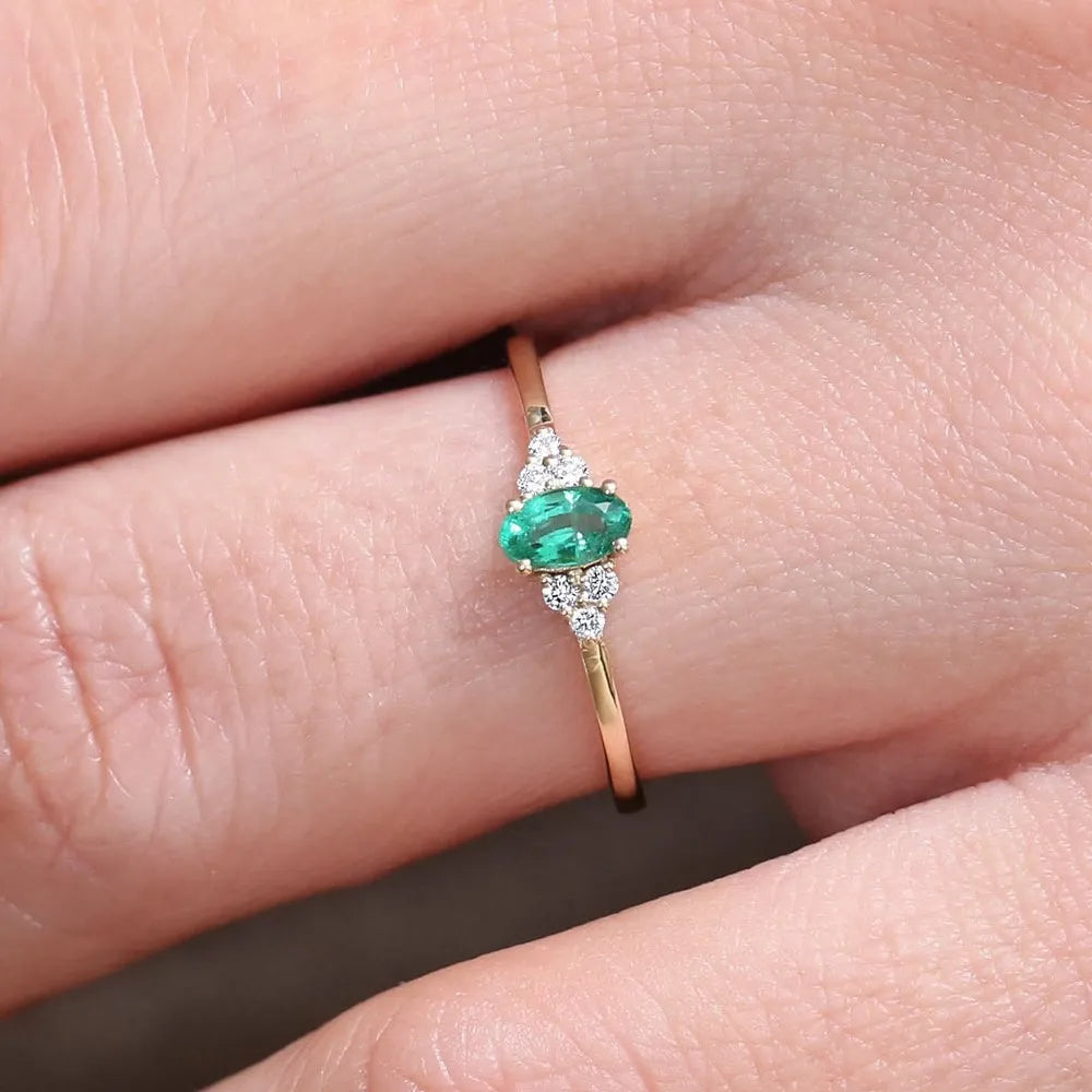 14K Gold Oval Emerald and Round Diamond Ring 0.38 CTW Handcrafted Custom Jewelry