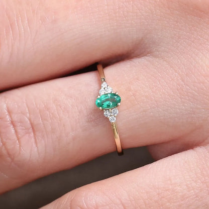 14K Gold Oval Emerald and Round Diamond Ring 0.38 CTW Handcrafted Custom Jewelry