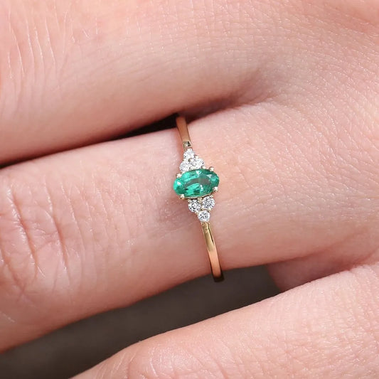 14K Gold Oval Emerald and Round Diamond Ring 0.38 CTW Handcrafted Custom Jewelry
