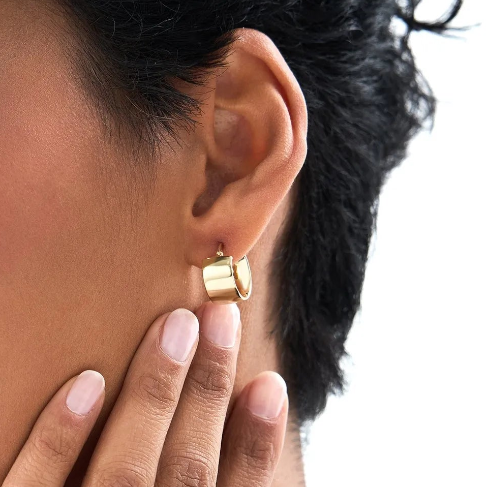 14k Yellow Gold Wide Hoop Earrings 8mm Width 15mm Outer Diameter