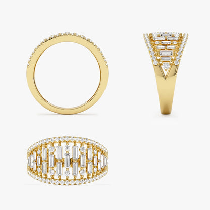14k Solid Gold Baguette and Round Diamond 0.90 Carat Multi Row Statement Ring