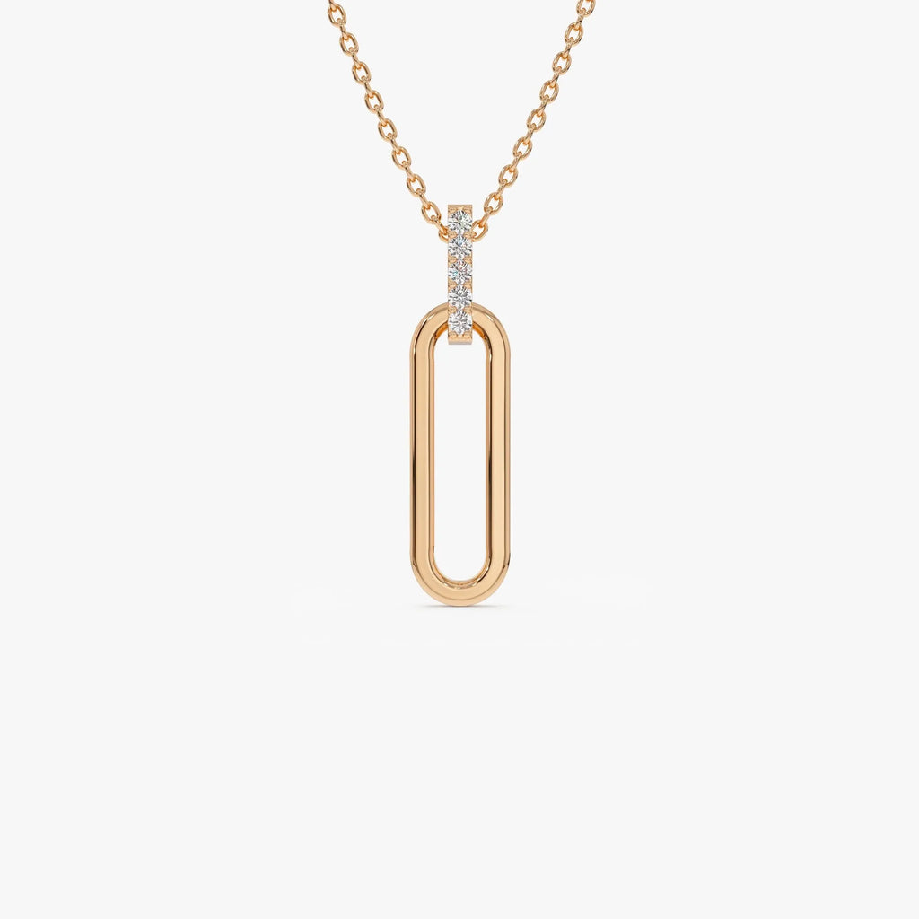 14K Solid Gold 0.05 CTW Round Diamond Paper Clip Link Pendant Necklace