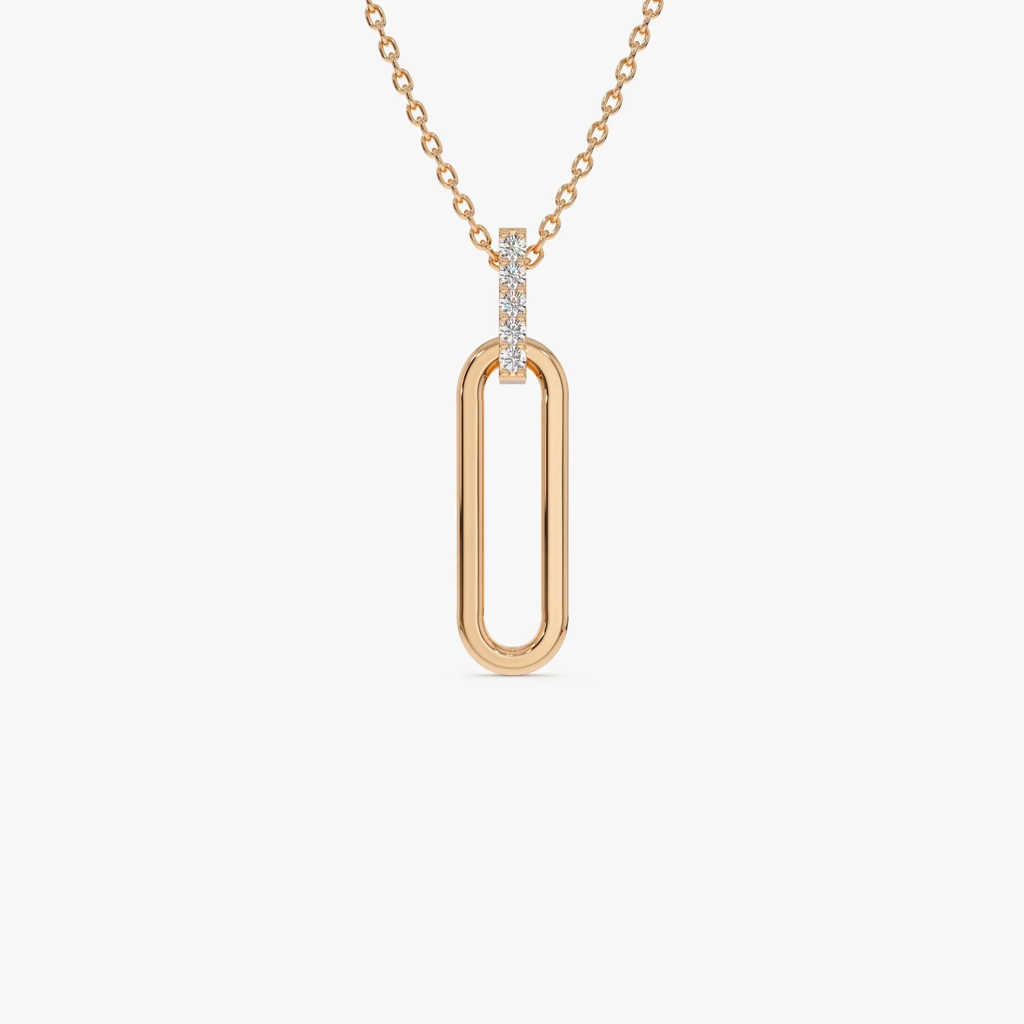 14K Solid Gold 0.05 CTW Round Diamond Paper Clip Link Pendant Necklace
