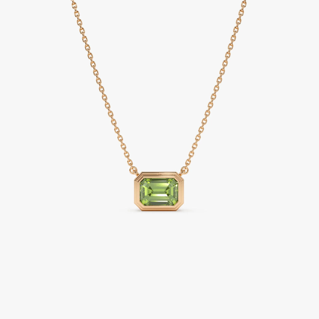 14k Solid Gold Peridot Emerald Cut Necklace 1.15 Carat Bezel Setting