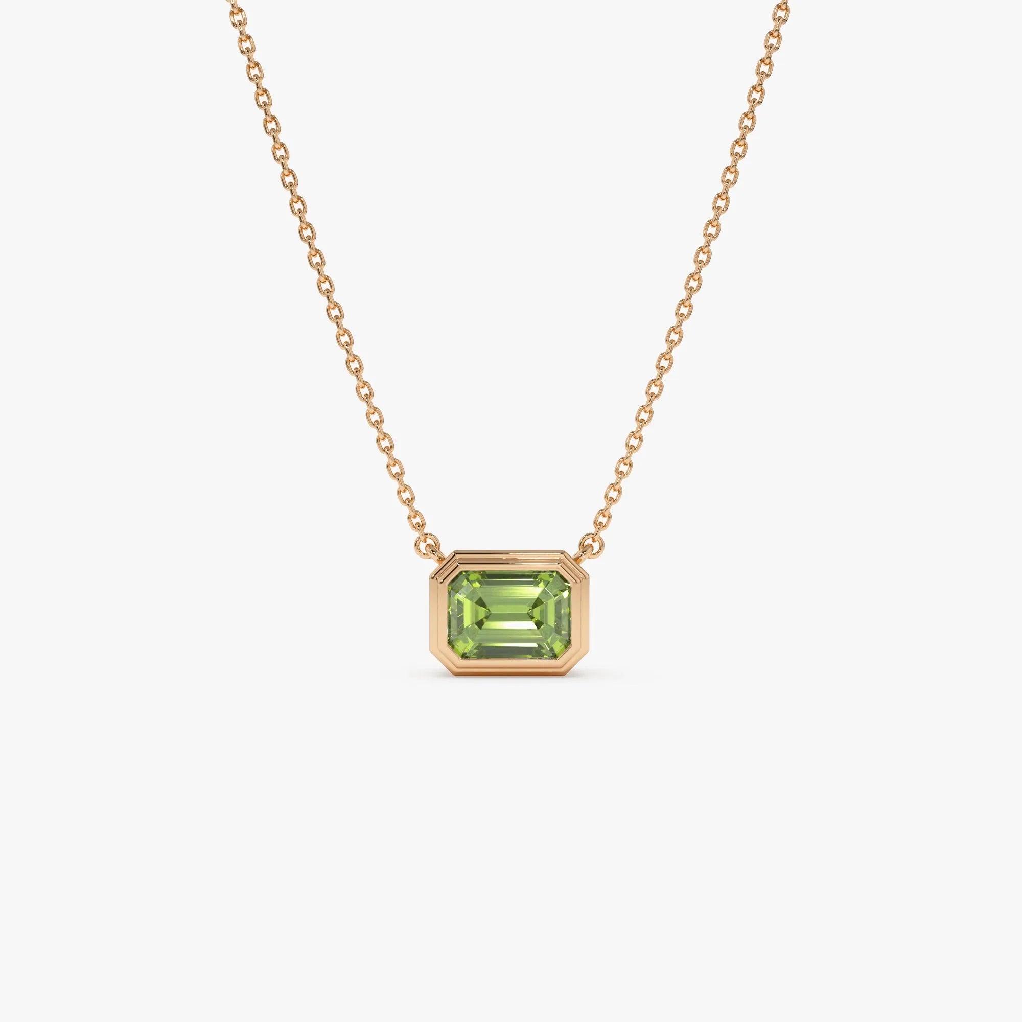 14k Solid Gold Peridot Emerald Cut Necklace 1.15 Carat Bezel Setting