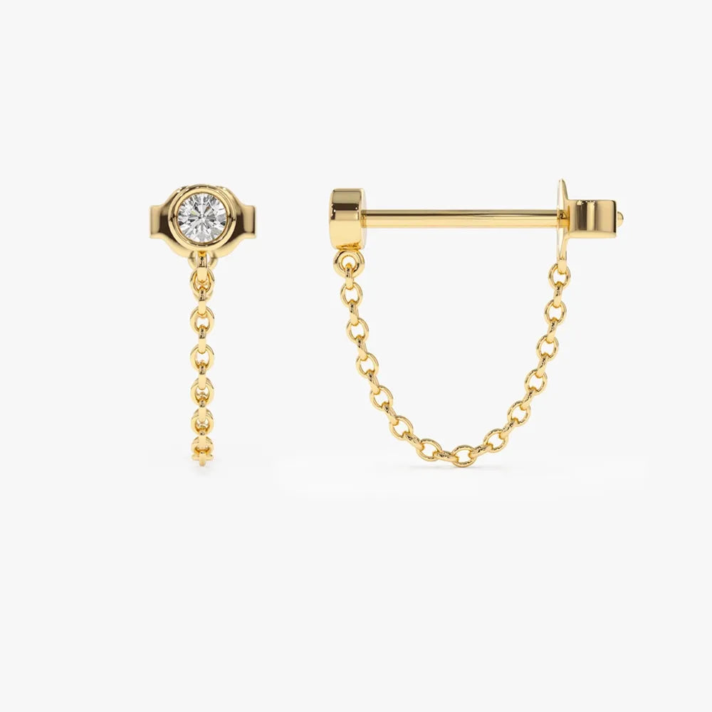 14k Gold Diamond Round Cut Bezel Setting Stud Chain Earrings 0.12 ctw