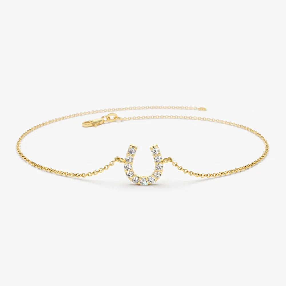 14K Solid Gold Round Diamond Horseshoe Bracelet Micro Pave 0.08 Carat