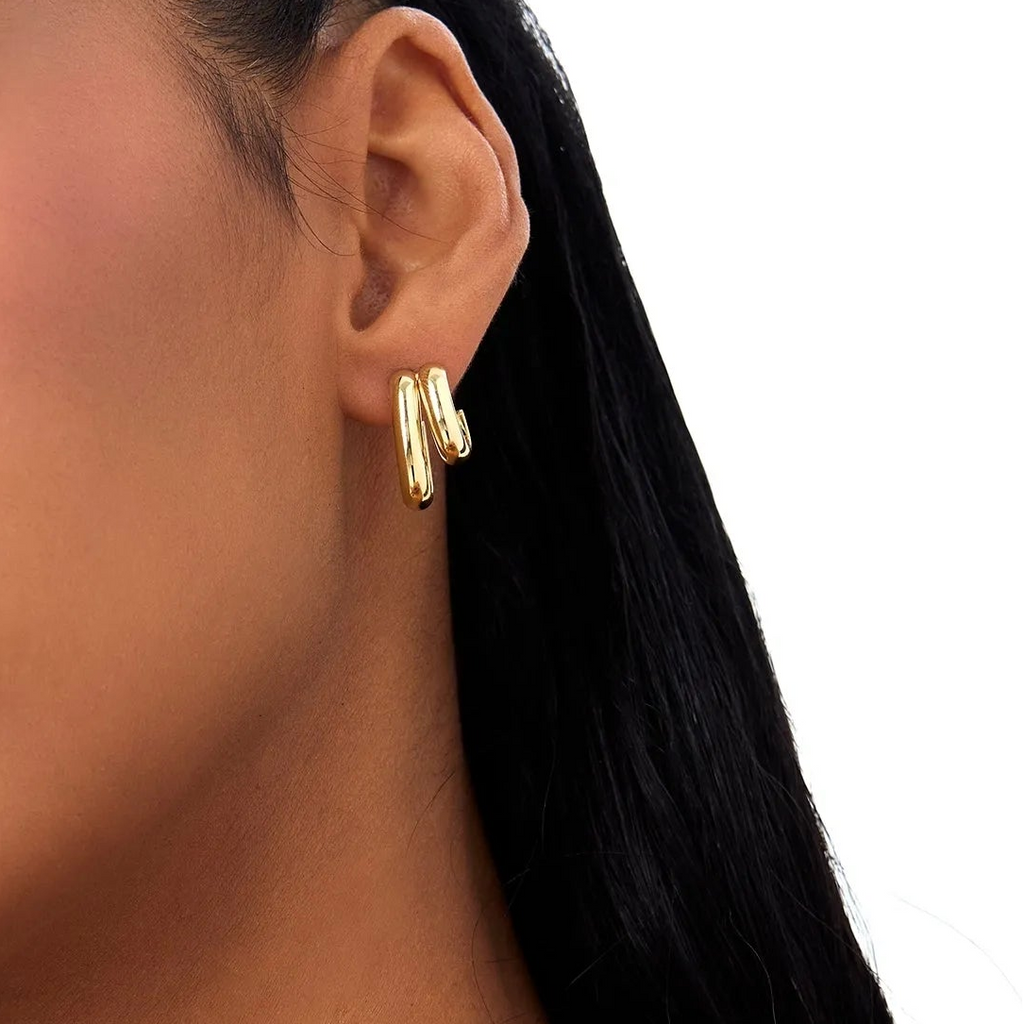 14k Gold Modern Double Hoop Earrings 19mm Length 4mm Width