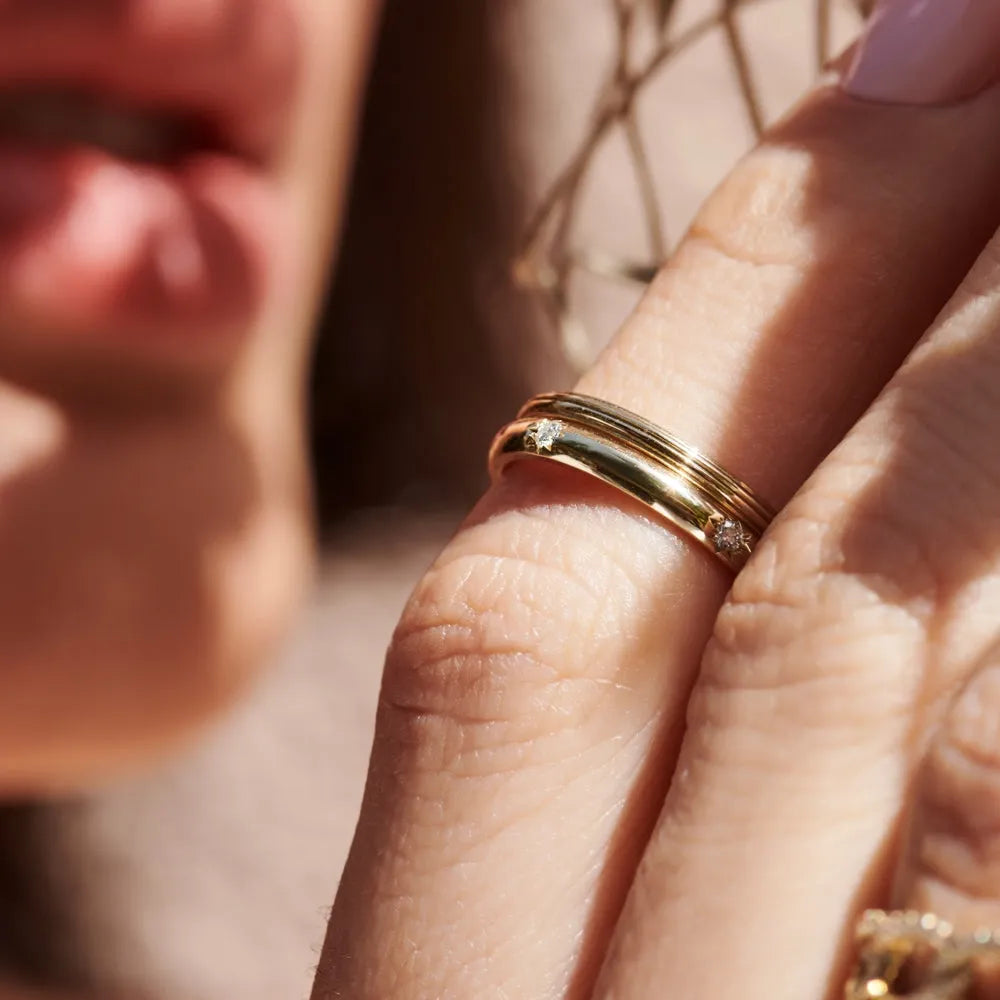 14K Solid Gold 2mm Multi Lined Minimalist Wedding Band Ring