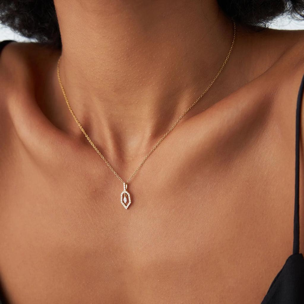14K Solid Gold 0.20 CTW Round and Marquise Diamond Dangle Necklace