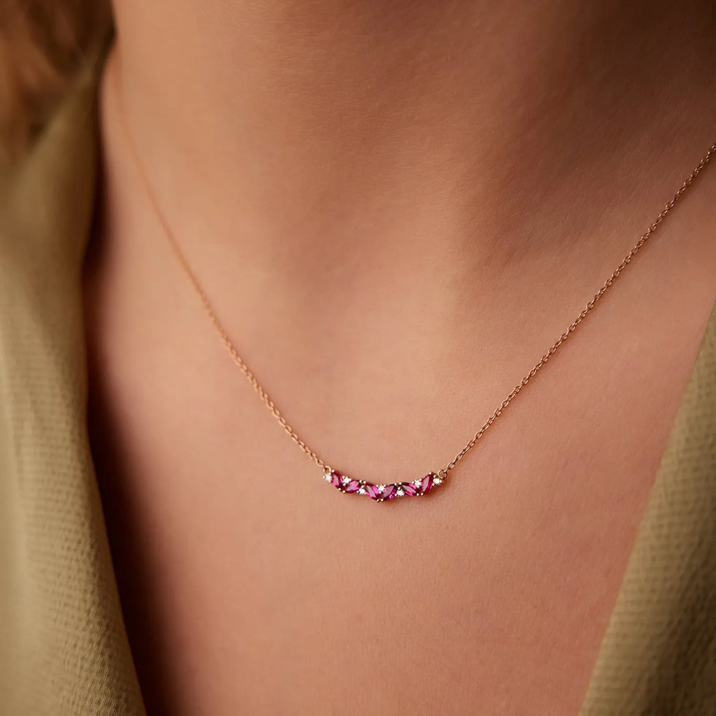 14k Solid Gold Ruby and Diamond Marquise Round Slanted Necklace 0.37 Carat