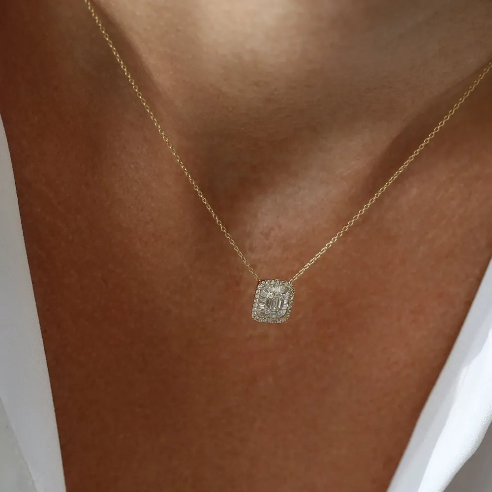 14K Solid Gold Baguette and Round Diamond Statement Necklace Prong and Channel Setting 0.47ctw