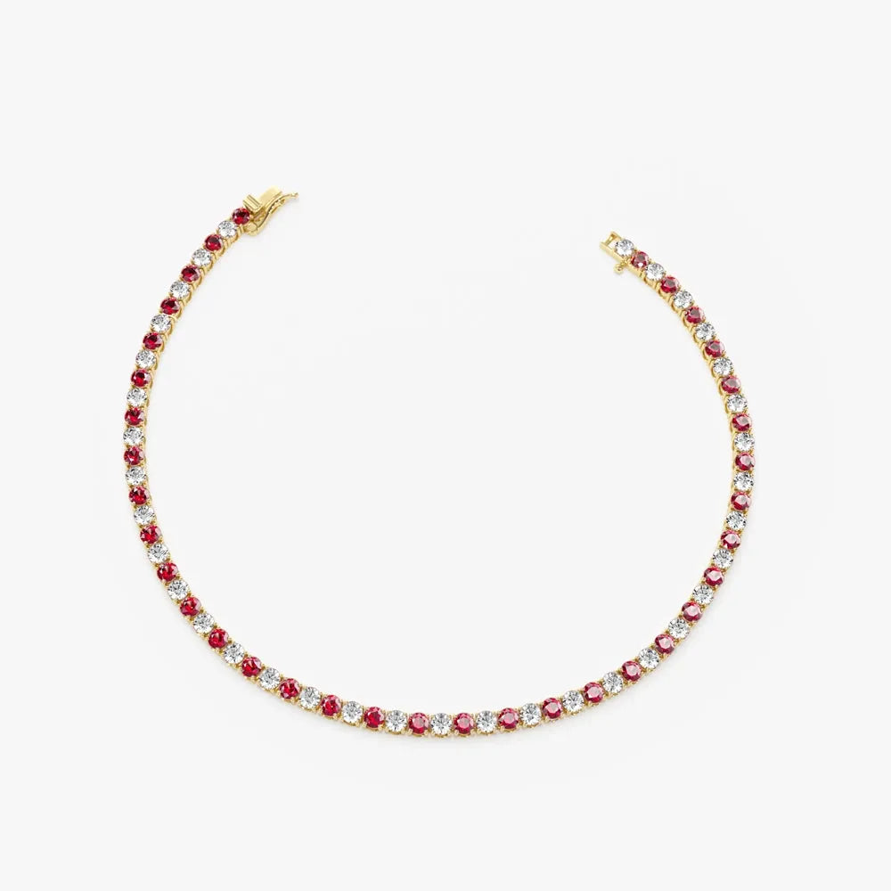 14k Gold Round Diamond and Ruby 4 Prong Tennis Bracelet