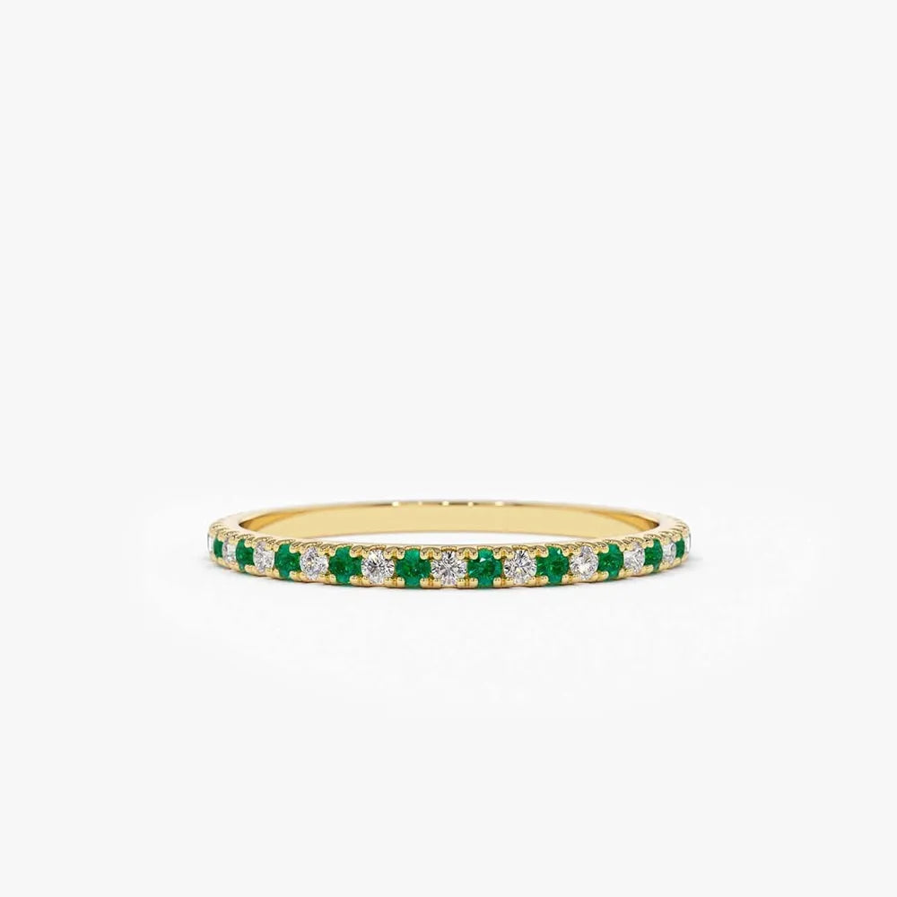 14K Solid Gold Round Emerald and Diamond Alternating Eternity Ring 0.36 CTW U Setting Micro Pave