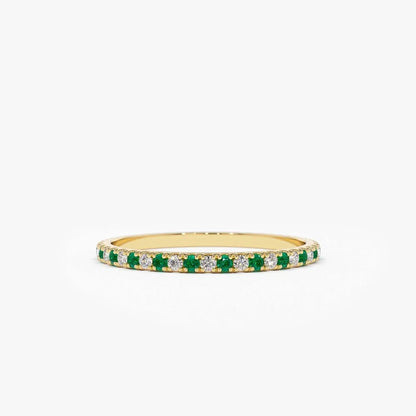 14K Solid Gold Round Emerald and Diamond Alternating Eternity Ring 0.36 CTW U Setting Micro Pave