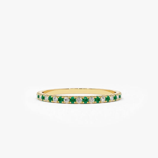 14K Solid Gold Round Emerald and Diamond Alternating Eternity Ring 0.36 CTW U Setting Micro Pave