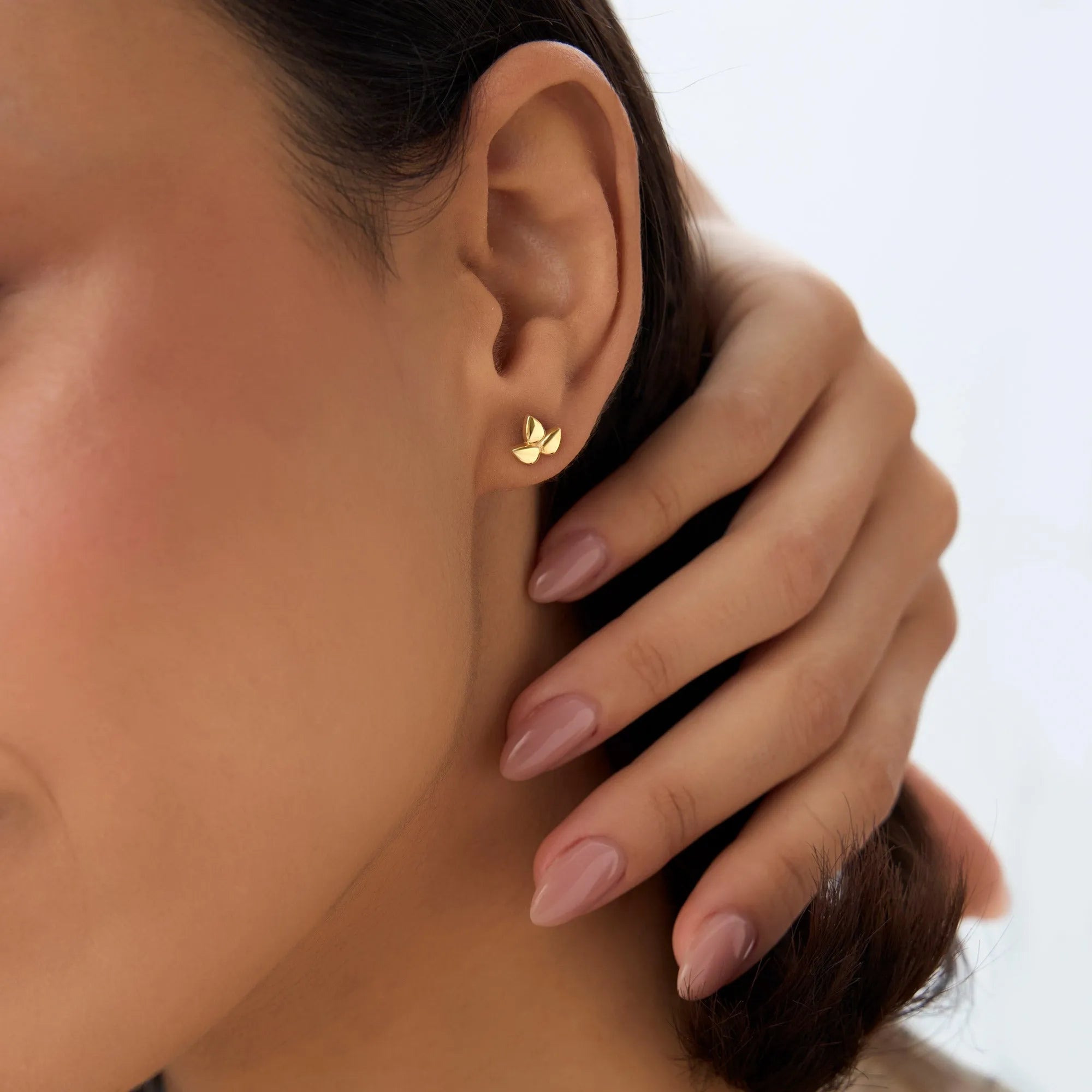 14k Solid Gold Trio Petal Stud Earrings 8.25mm Floral Design