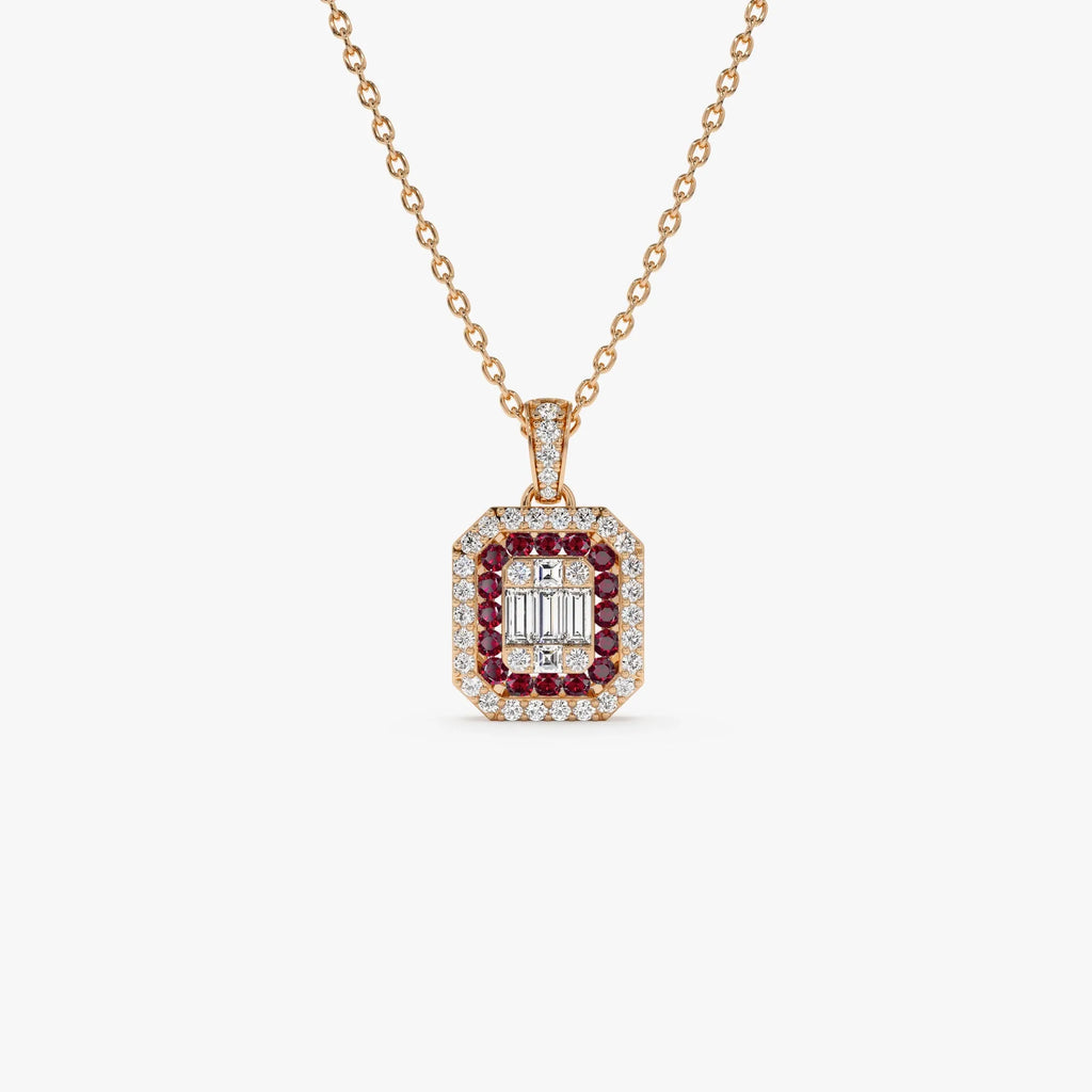 14k Solid Gold Ruby and Diamond Round Baguette Halo Necklace 0.50 Carat