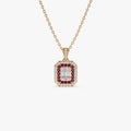 14k Solid Gold Ruby and Diamond Round Baguette Halo Necklace 0.50 Carat