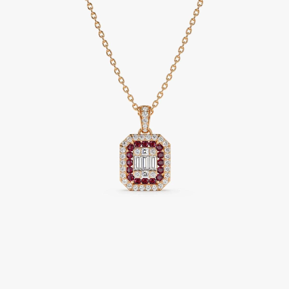 14k Solid Gold Ruby and Diamond Round Baguette Halo Necklace 0.50 Carat