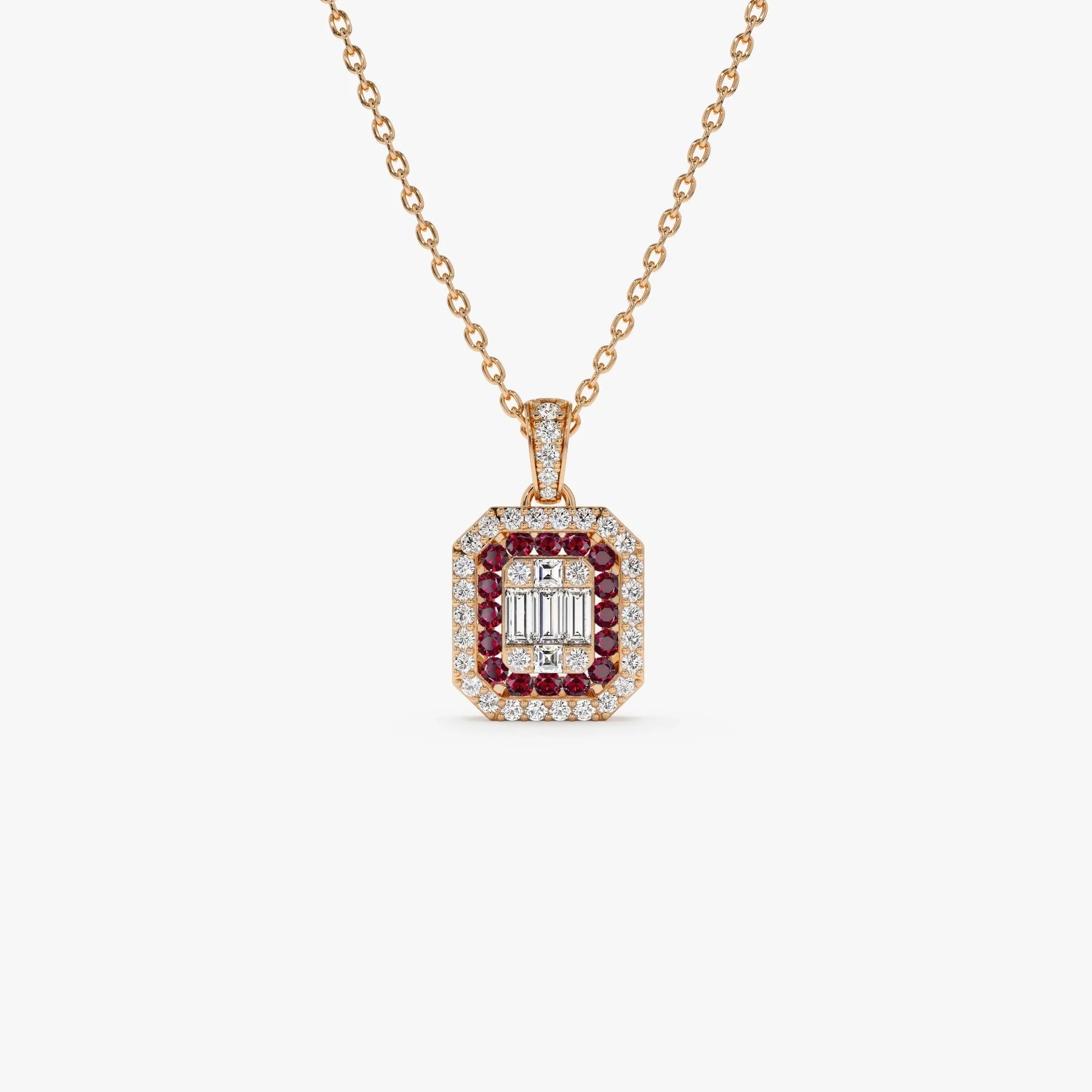 14k Solid Gold Ruby and Diamond Round Baguette Halo Necklace 0.50 Carat