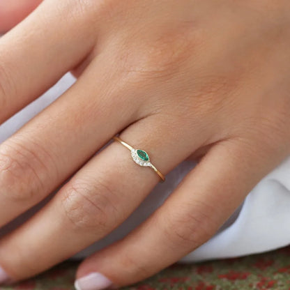 14K Solid Gold Horizontal Marquise Emerald and Round Diamond Eye Ring 0.12 CTW Micro Pave Bezel Set