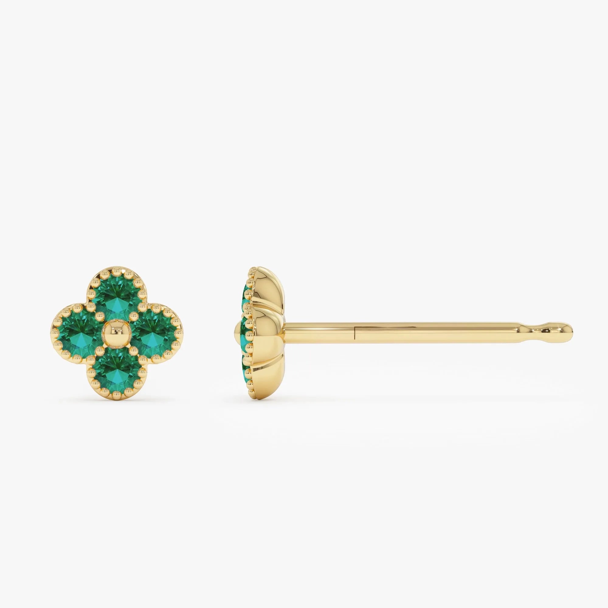 14K Solid Gold Round Emerald Clover Beaded Stud Earrings 0.30 CTW