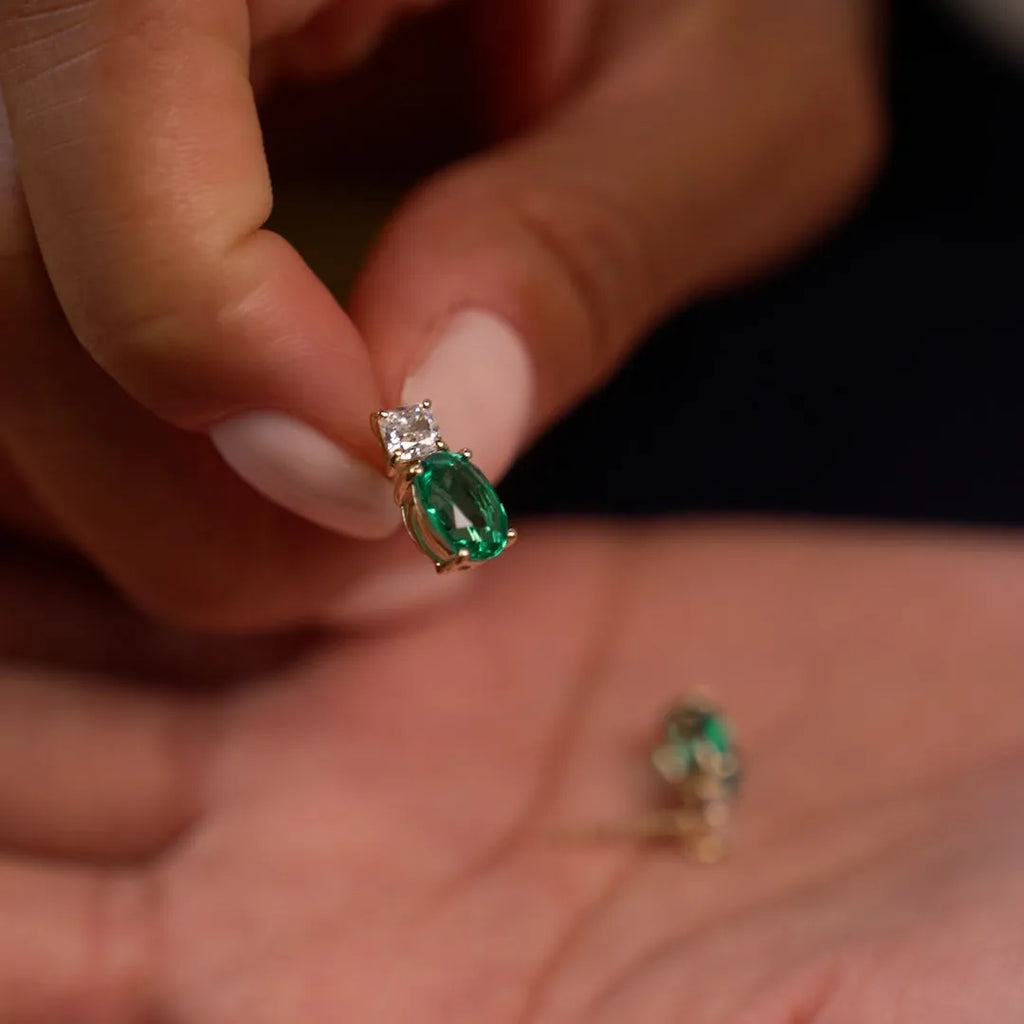 14k Gold Lab Grown Colombian Emerald and Diamond Oval and Cushion Cut Two-Stone Stud Earrings 3.00 ctw