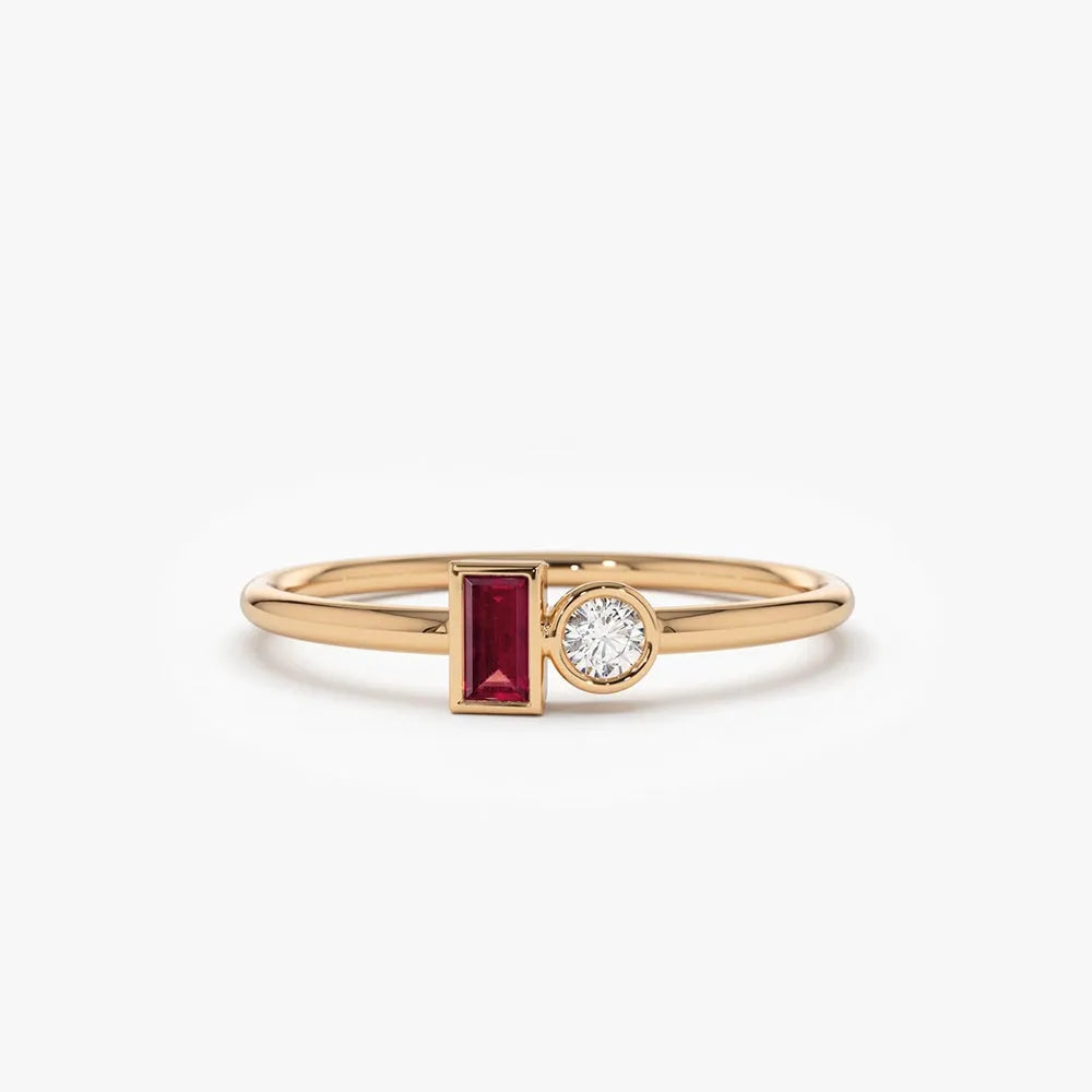 14k Gold Ruby and Diamond Baguette and Round Cut Minimalist Bezel Setting Ring 0.13 ctw