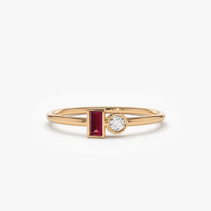 14k Gold Ruby and Diamond Baguette and Round Cut Minimalist Bezel Setting Ring 0.13 ctw
