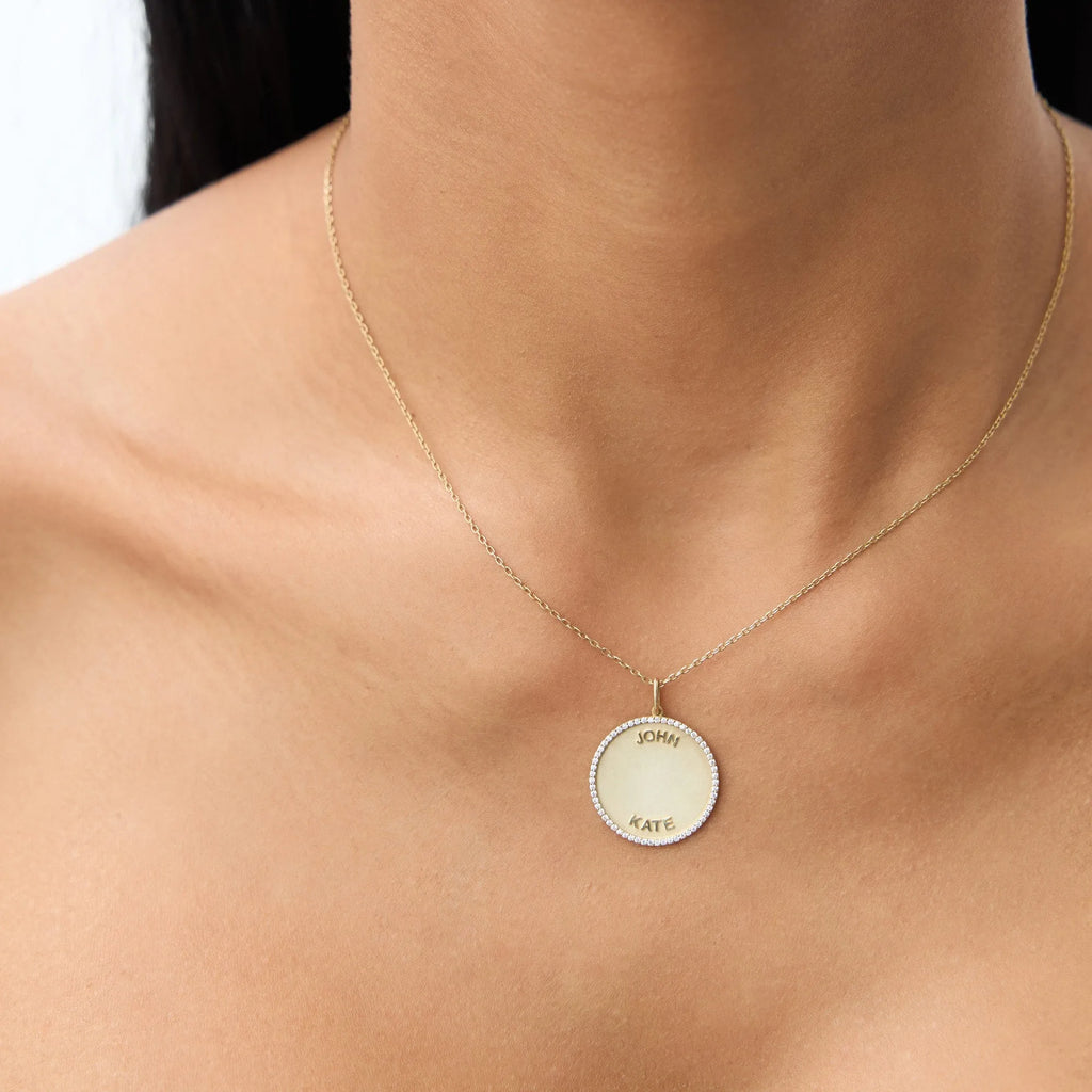 14K Solid Gold 0.25 CTW Round Diamond Personalized Medallion Necklace Prong Setting