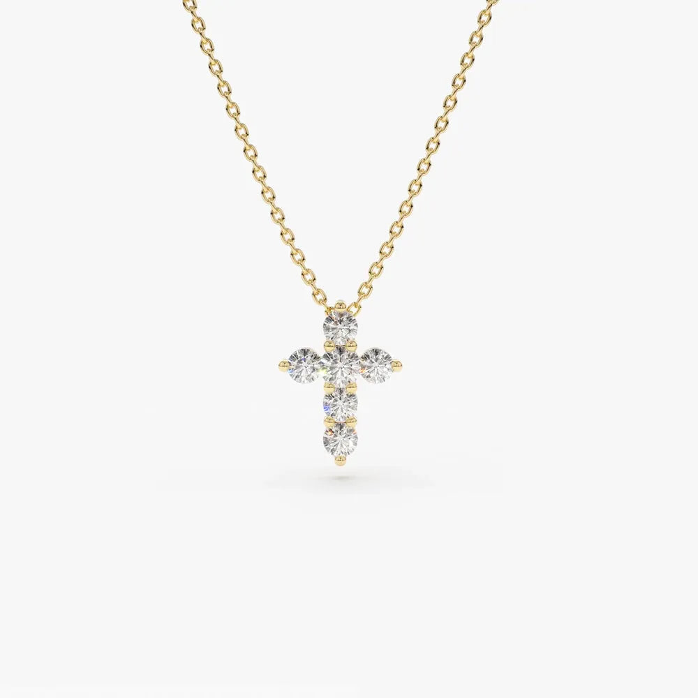 14K Solid Gold Lab Grown Diamond Round Cross Necklace 0.21cttw