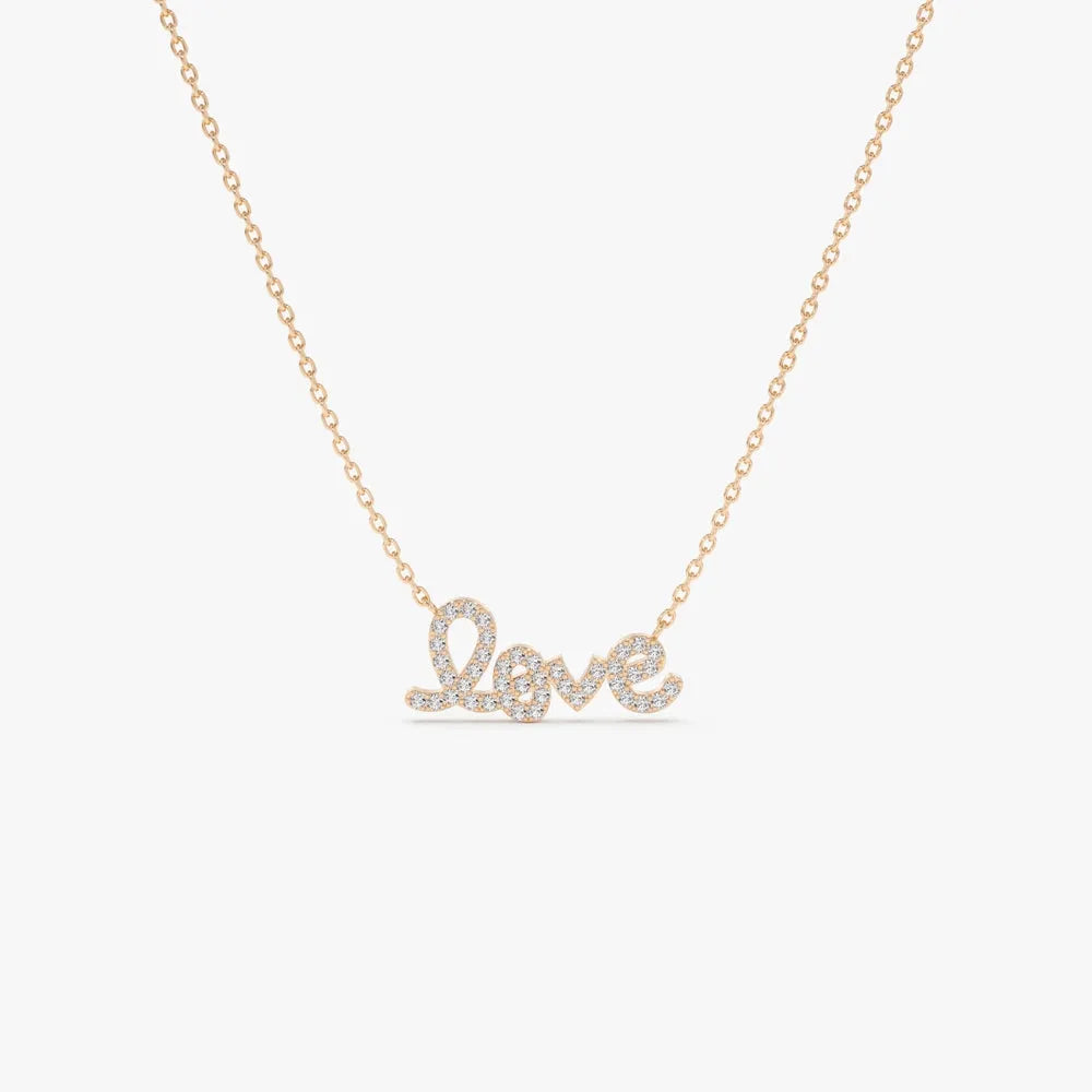 14K Solid Gold Round Diamond Love Pendant Necklace Prong Setting 0.21ctw