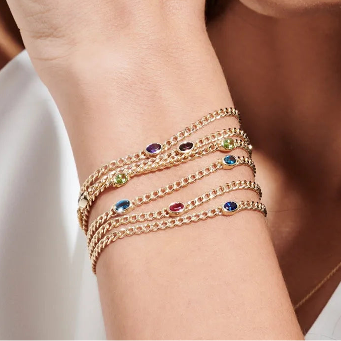 14K Solid Gold Oval Garnet Bezel Set Cuban Link Bracelet 0.30 CTW