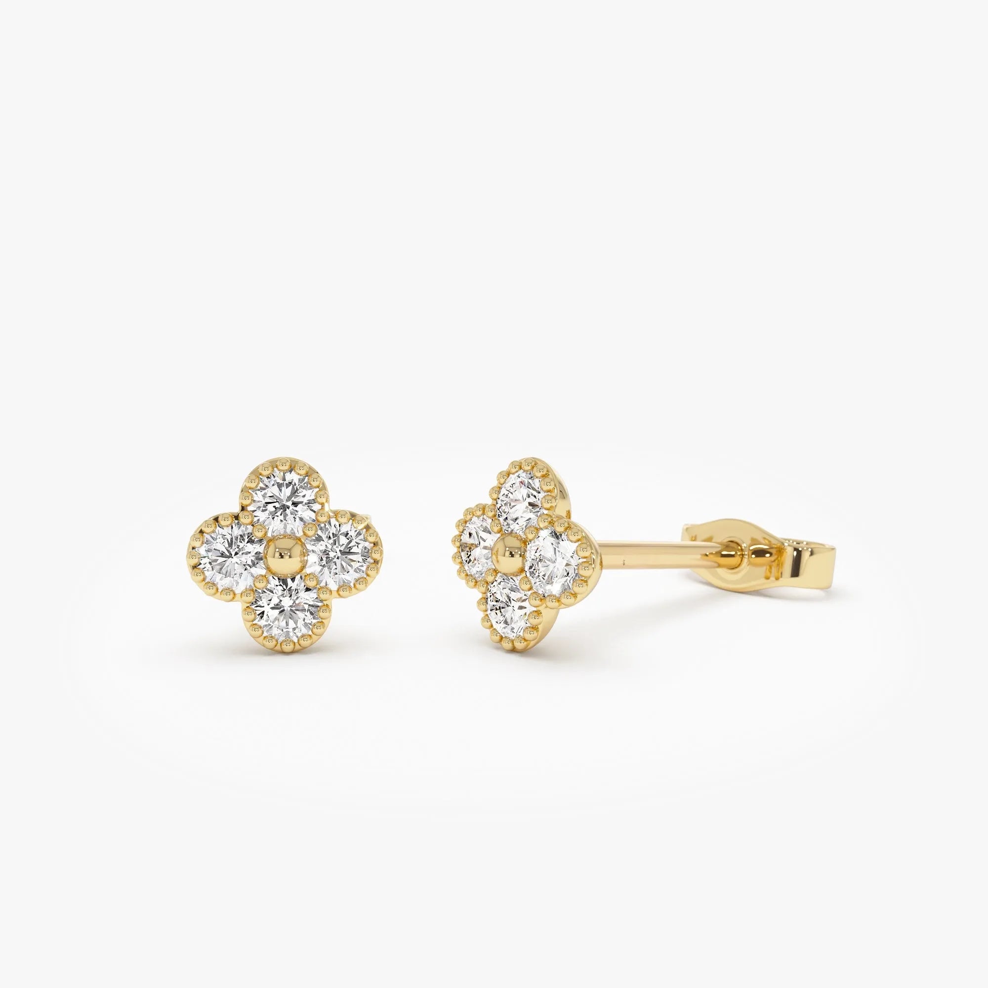14k Gold Diamond Round Cut Clover Beaded Stud Earrings 0.28 ctw