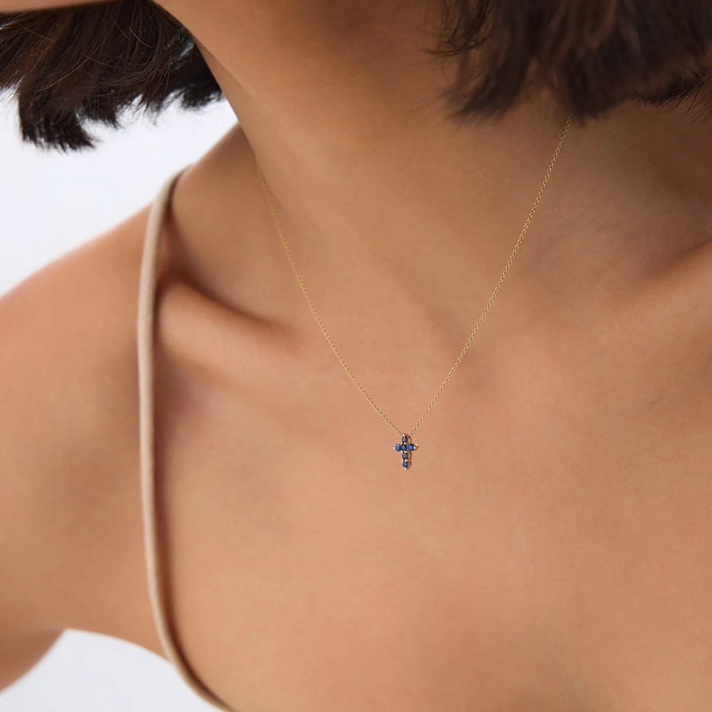 14k Solid Gold Round Sapphire Tiny Cross Pendant Necklace 0.20 Carat Prong Setting