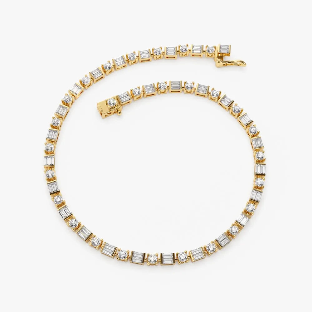 14K Solid Gold 2.40 CTW Baguette and Round Diamond Tennis Bracelet