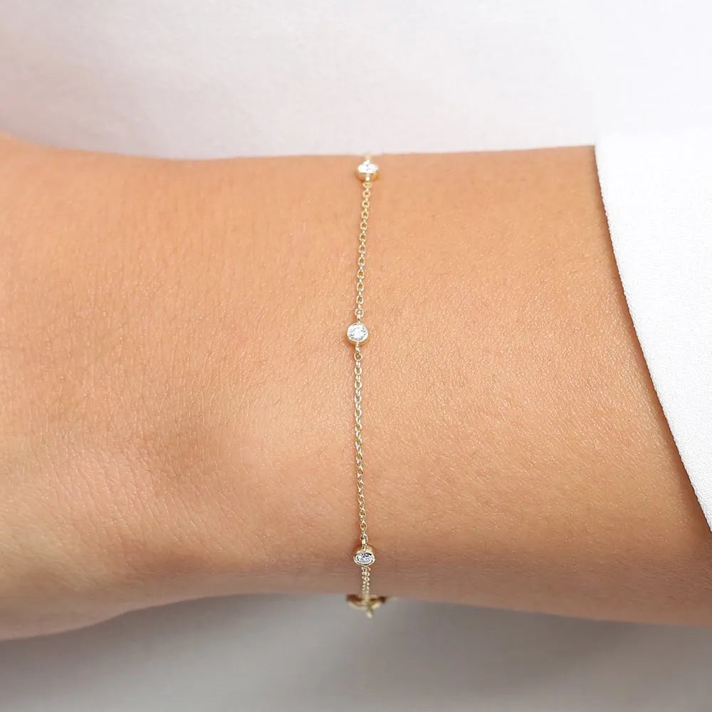 14K Solid Gold Round Diamond 5 Stone by the Yard Bracelet Bezel Setting 0.20 Carat