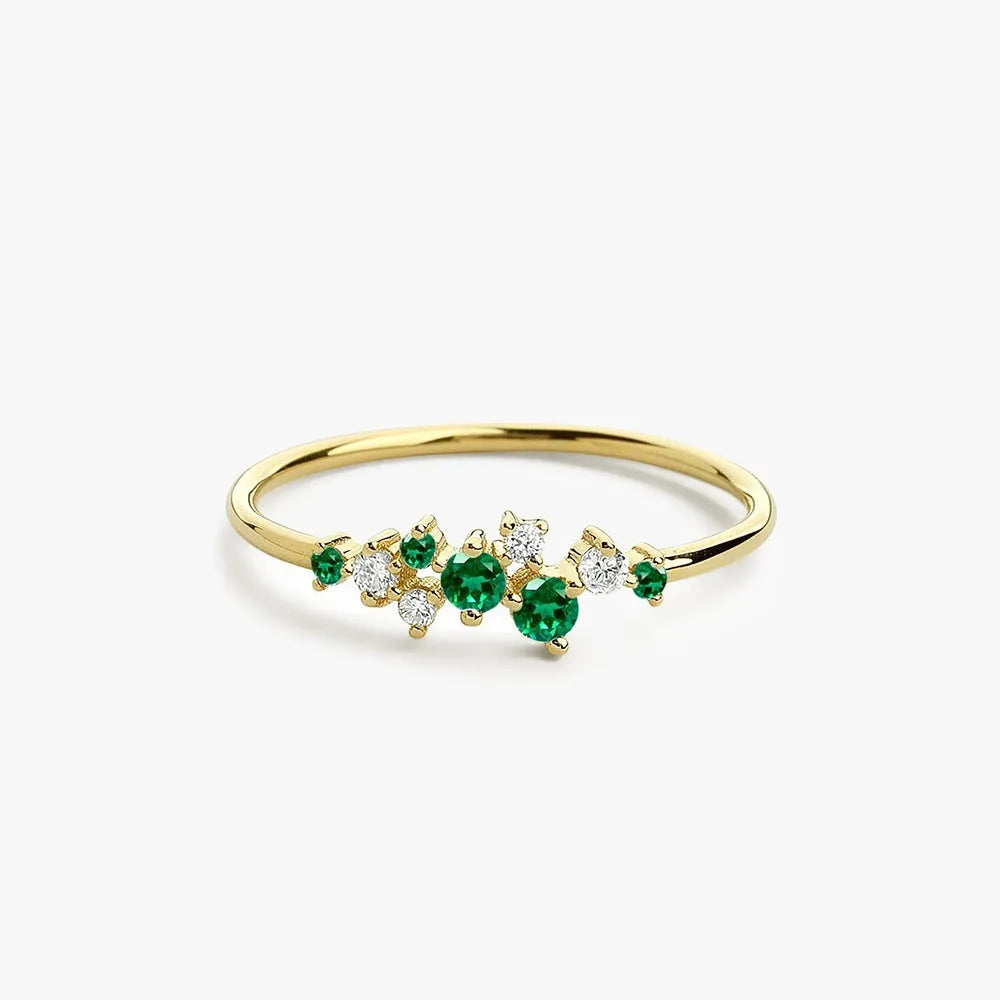 14K Gold Round Emerald and Diamond Cluster Ring 0.35 CTW Prong Setting Handcrafted